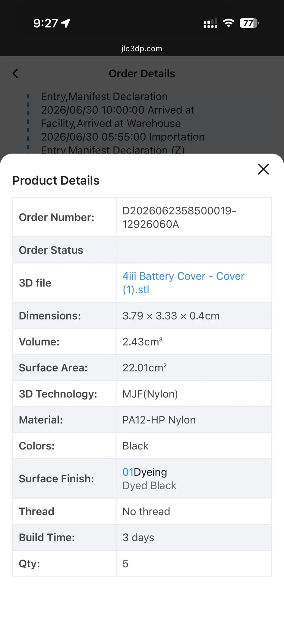 JLC3DPの注文詳細。MJF方式のPA12ナイロン・黒染め仕上げで5個発注しました