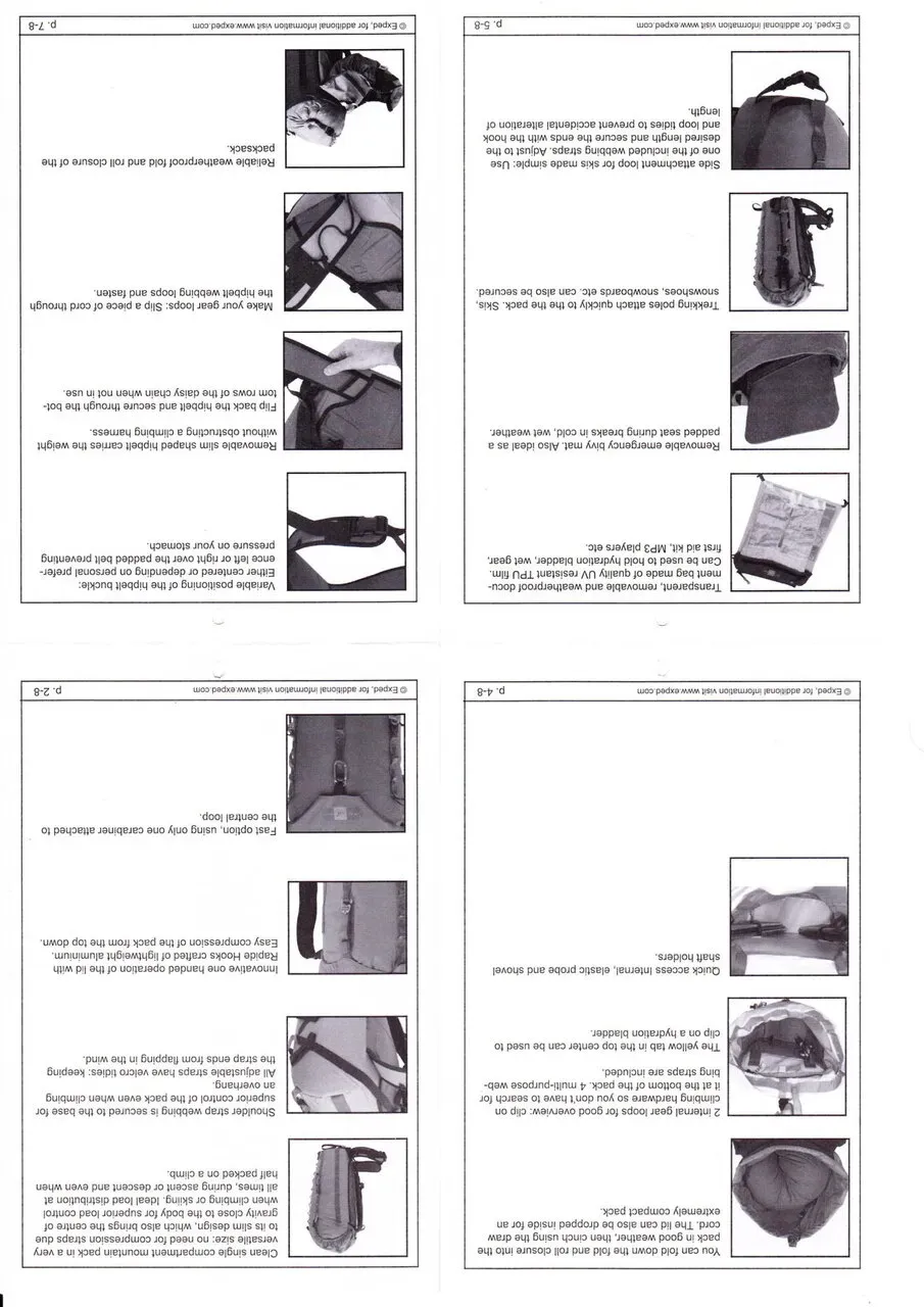EXPED mountain pro 30の説明書 多数の機能が紹介されている
