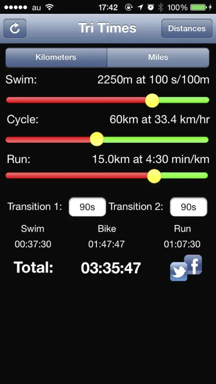 Tri Timesアプリで算出した目標タイム S:37 B:1:47 R:1:07 合計3:35