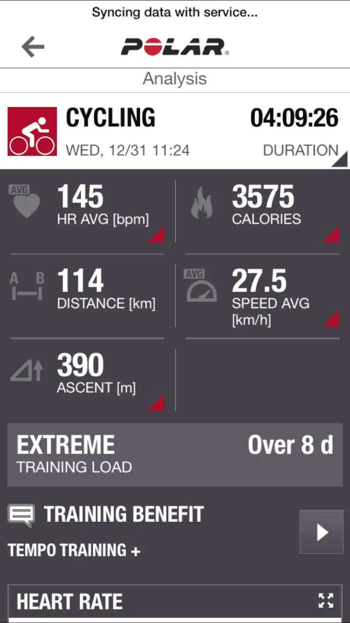 Polar Flow サイクリング分析 距離114km 消費3575kcal トレーニング負荷EXTREME