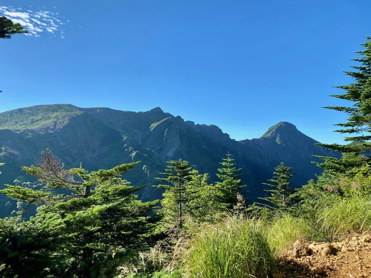 左側はきれいな稜線。右側は岩場多くて辛い感じ。