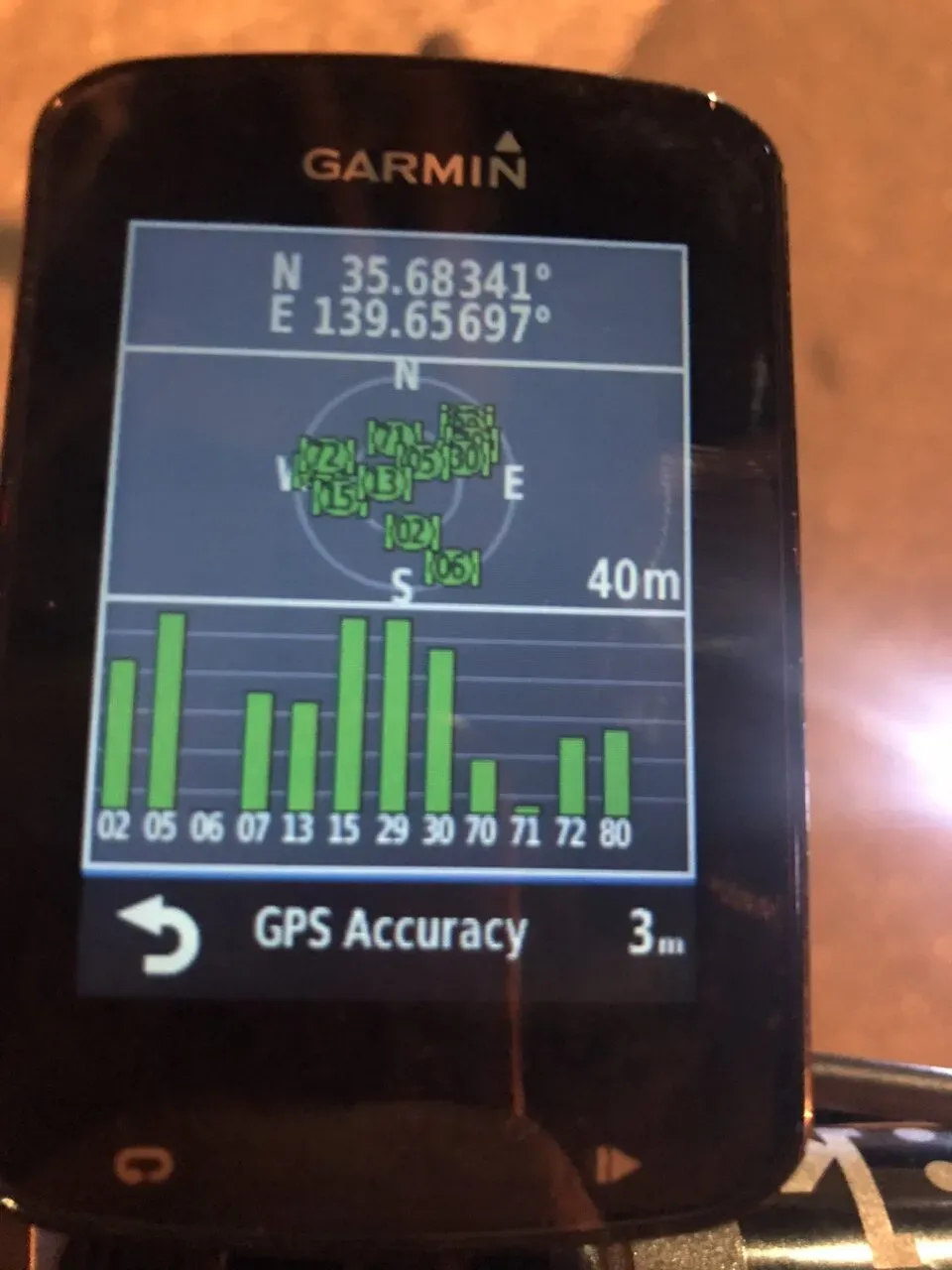Garmin Edge 820JのGPS衛星補捉画面 - 精度3mで多数の衛星を受信中