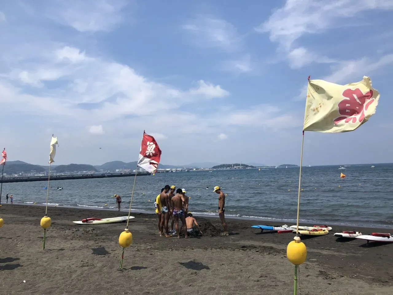 旗がはためく館山の砂浜、OWS会場の海岸