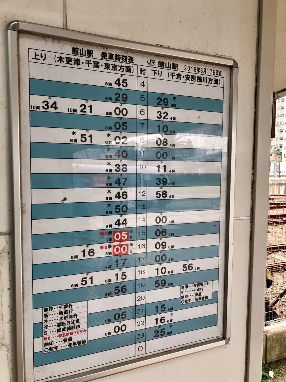 館山駅の発車時刻表、本数の少なさがわかる