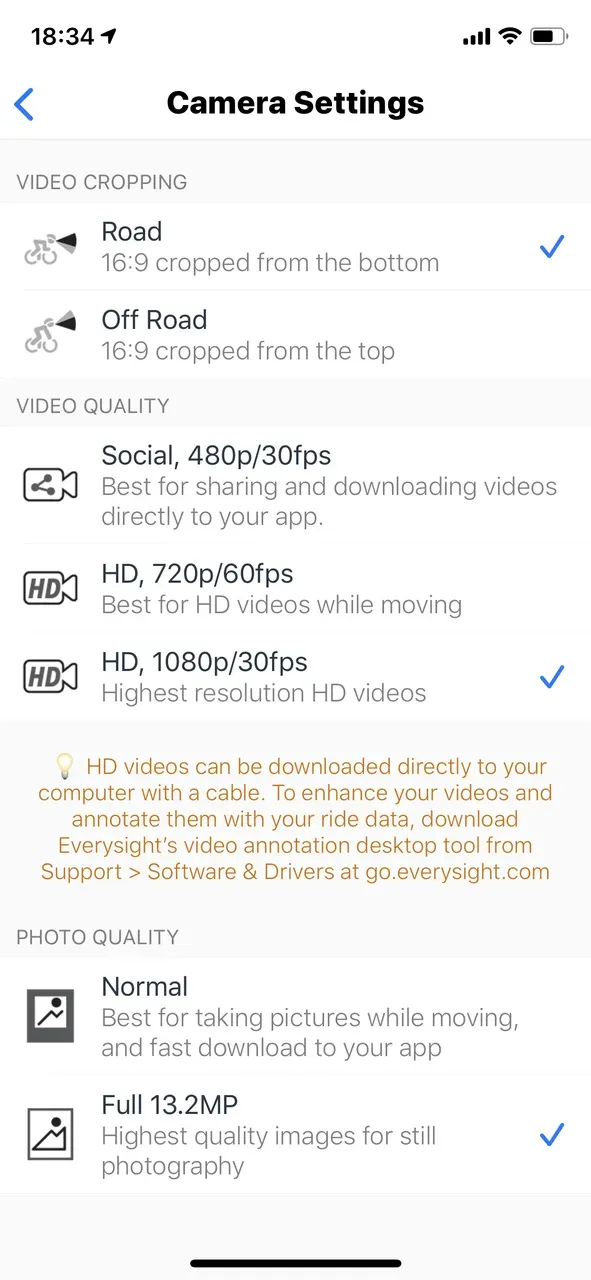スマホアプリによる動画・静止画撮影モード設定画面