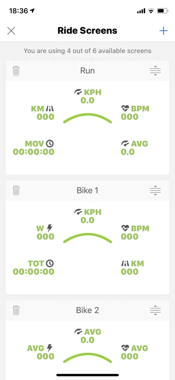 スマホアプリによる表示画面設定画面：最大4つのパターンの画面の表示項目・位置を設定できます。