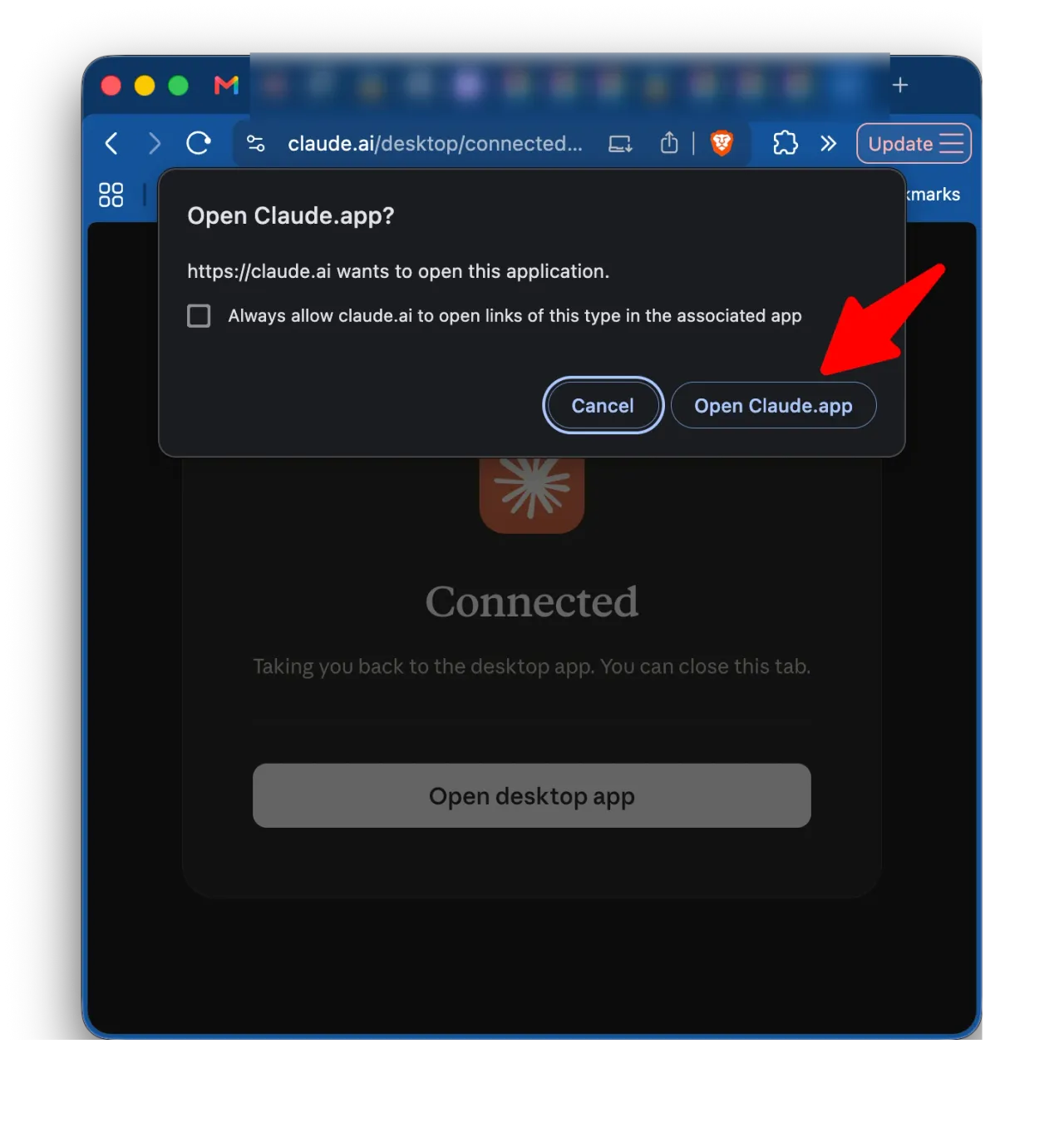 ブラウザに「Connected」と表示され、「Open Claude.app?」のダイアログが出ている。Open Claude.appを押してアプリに戻る
