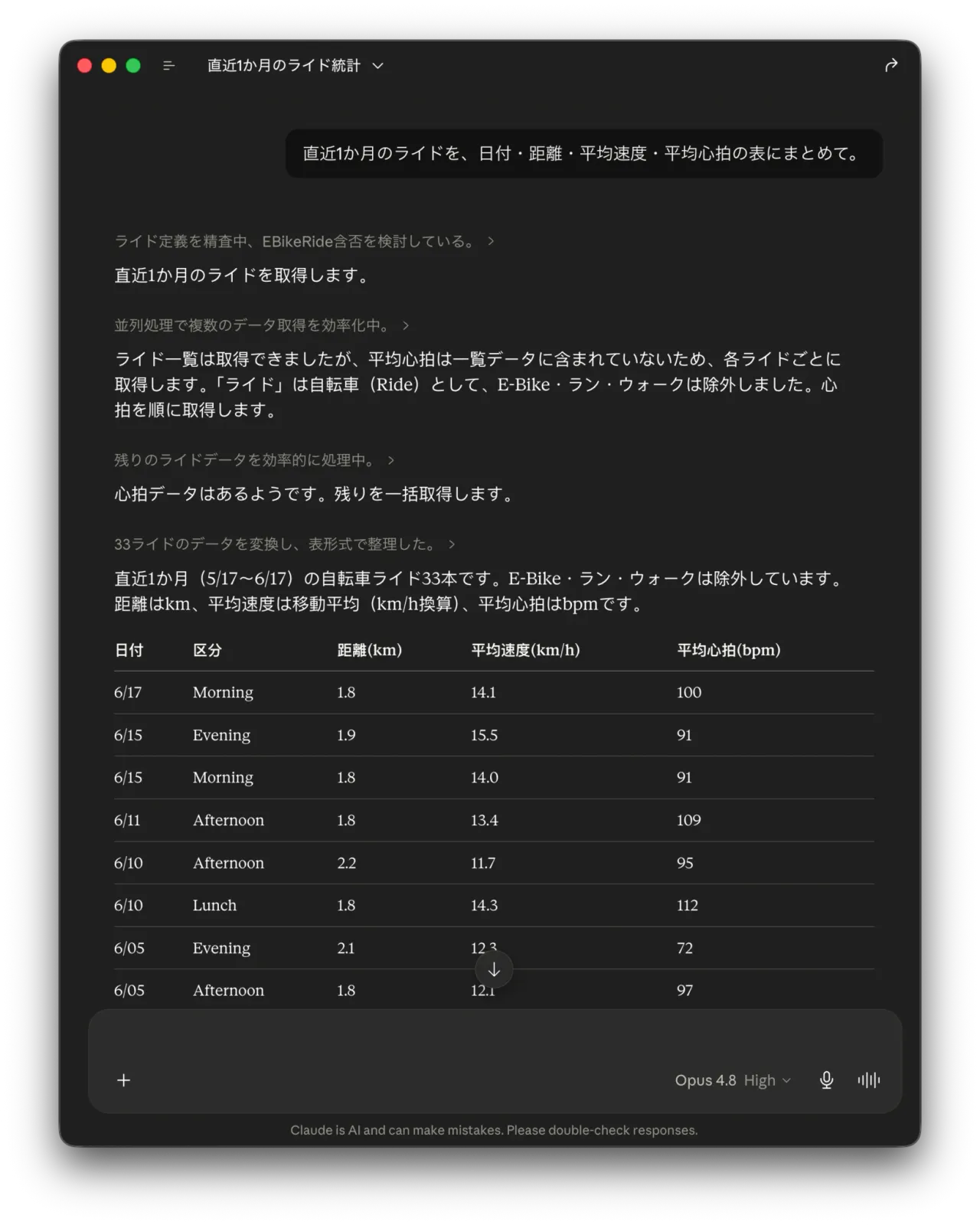 「直近1か月のライドを表にして」への回答。日付・区分・距離・平均速度・平均心拍の表が出力されている