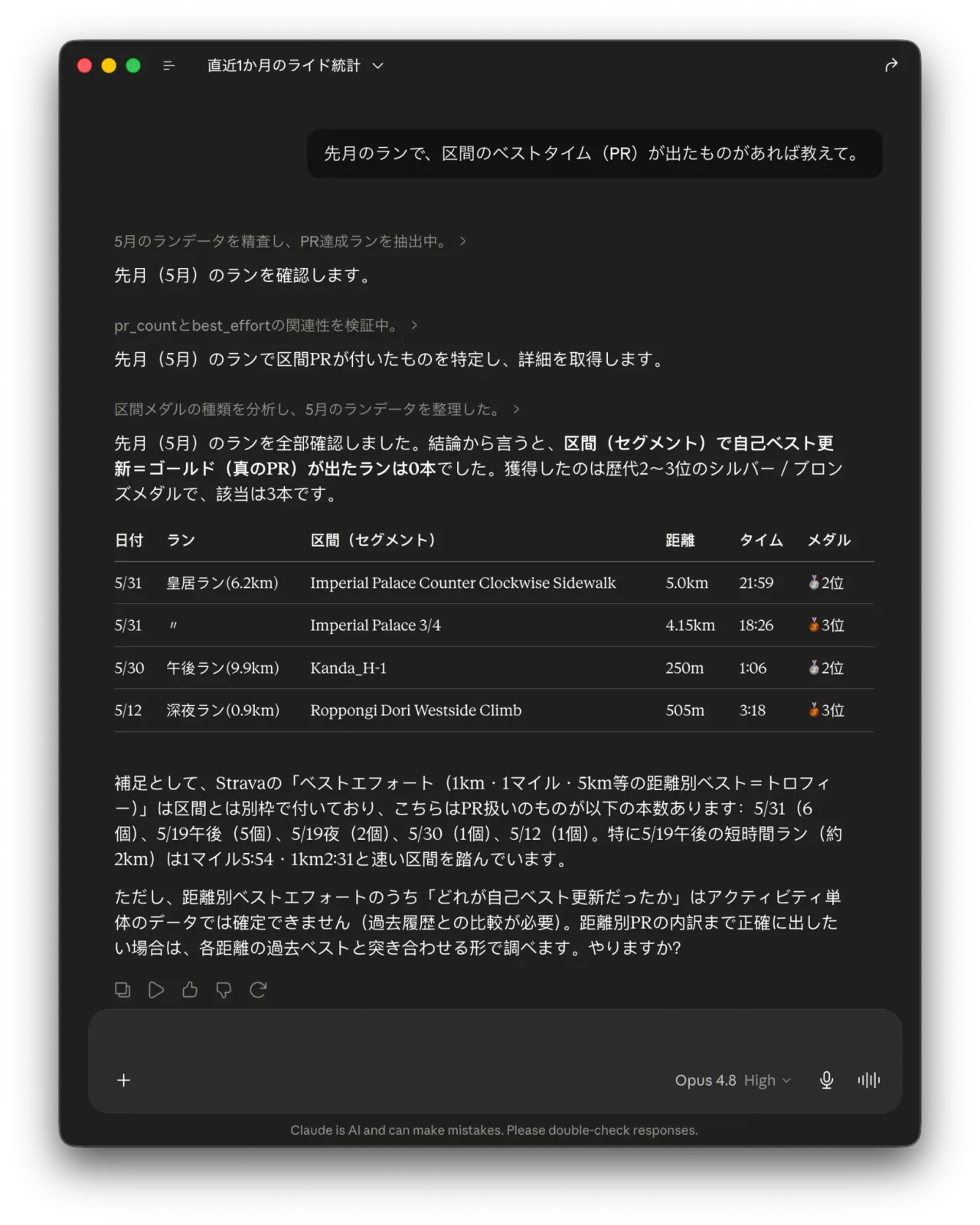 「先月のランでPRは?」への回答。区間名・距離・タイム・メダル(2位/3位)が表で整理されている