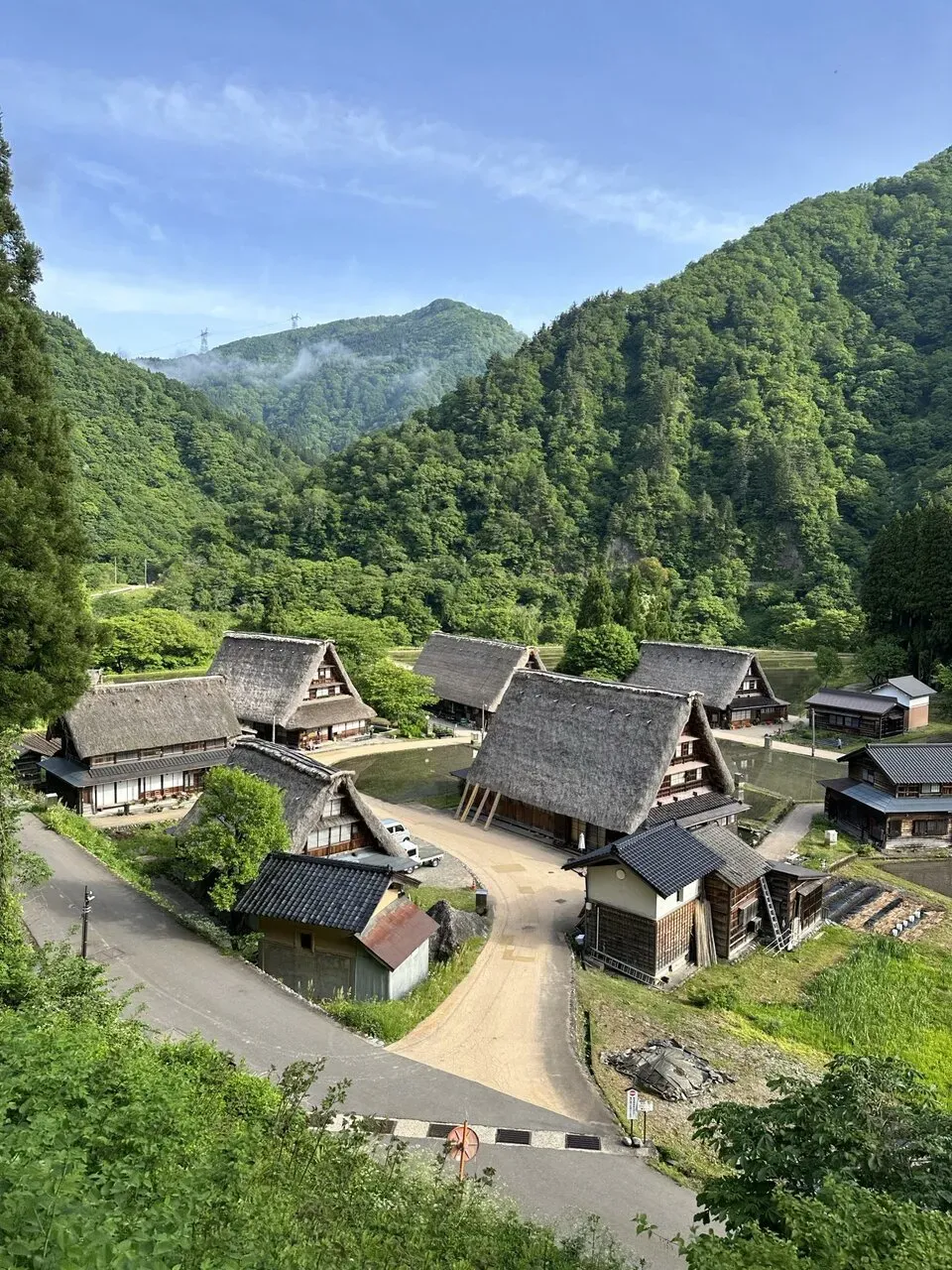 緑の山々に囲まれた合掌造り集落を上から望む
