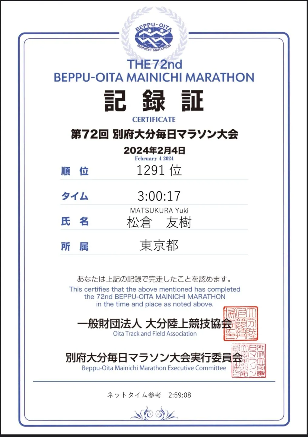 別府大分毎日マラソン 2024年【レース編】2時間59分8秒 - 画像1