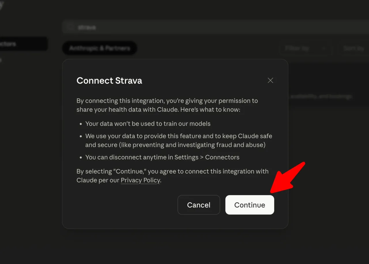 「Connect Strava」の確認ダイアログ。データは学習に使われない、いつでも解除できる、と説明されている。Continueを押す